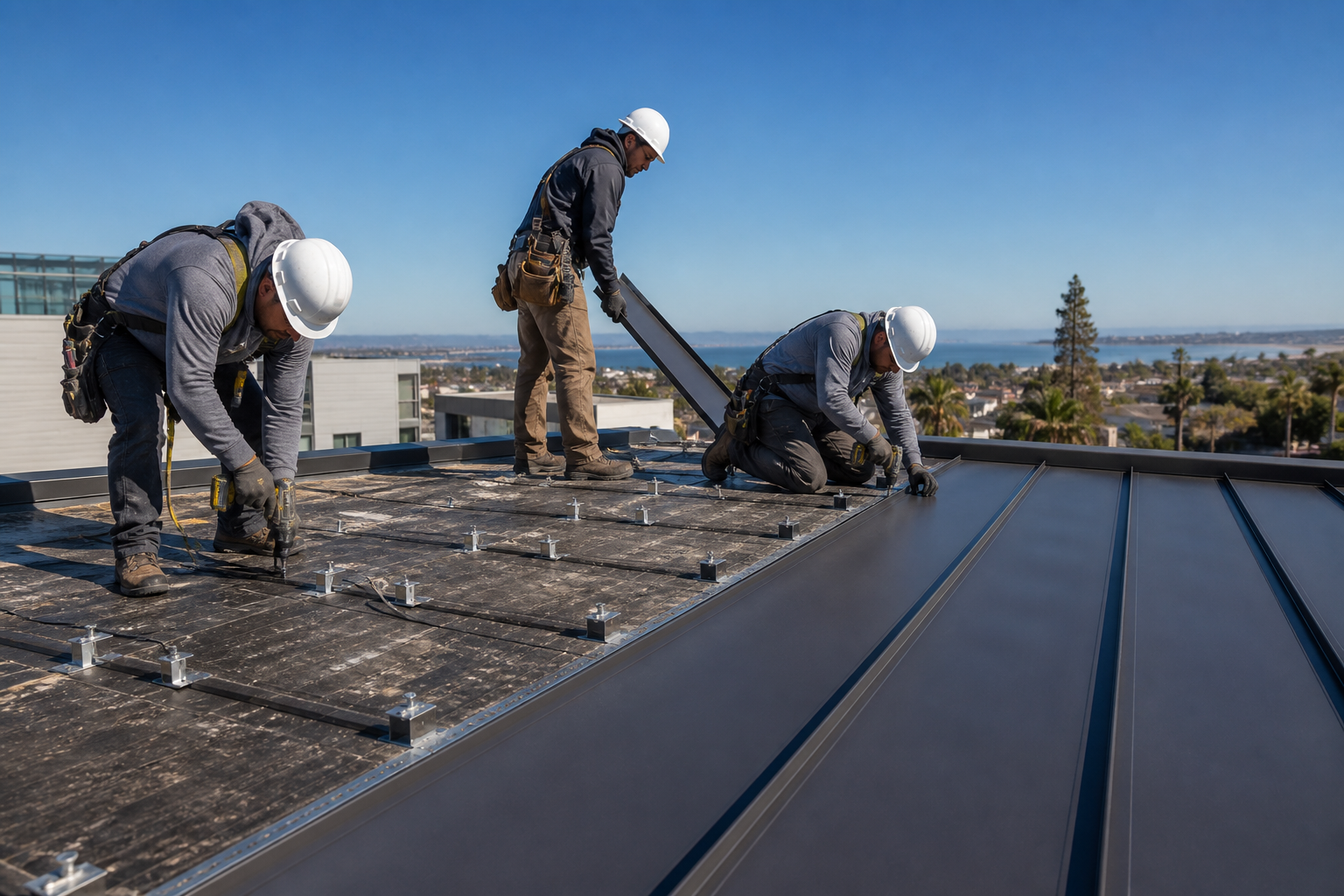 Commercial roofers installing a metal roofing system in San Diego County