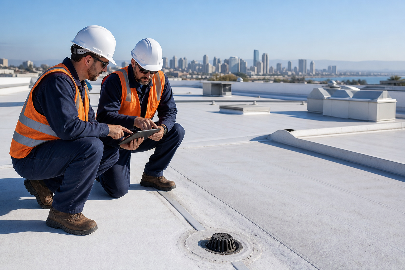 Commercial roof maintenance inspection on a San Diego low-slope roof