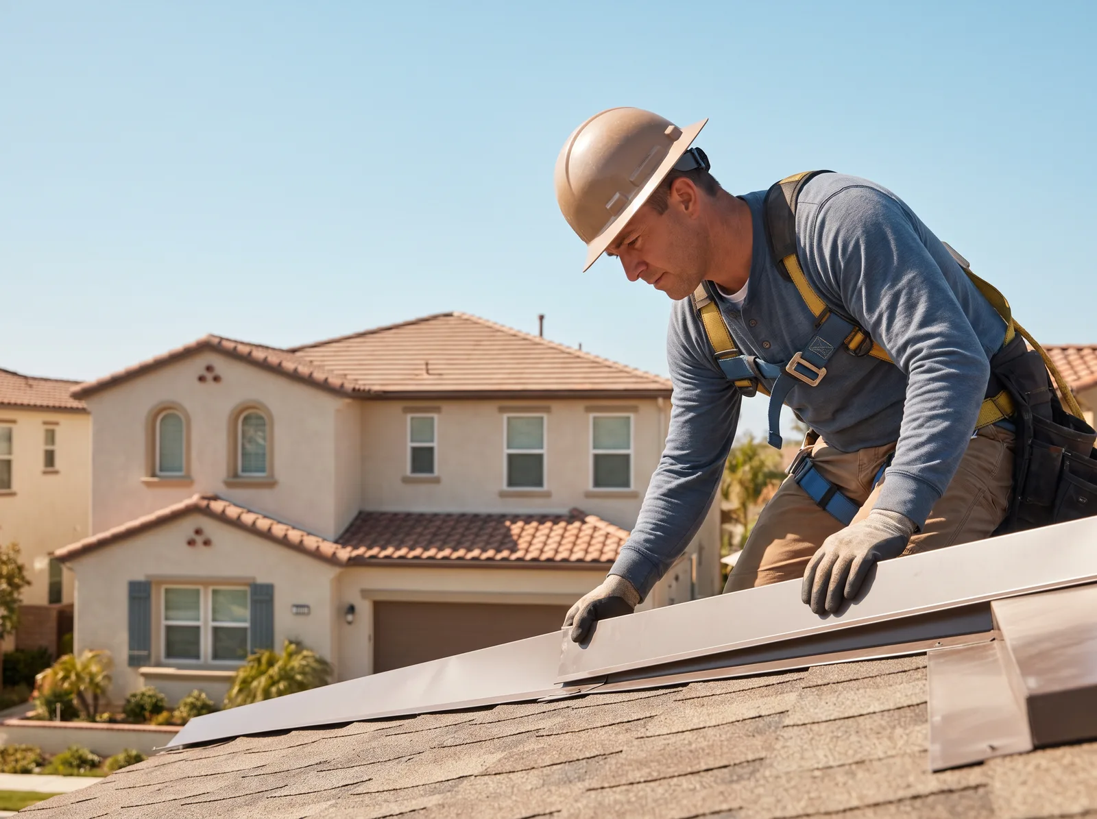 Roof maintenance inspection on an asphalt shingle roof