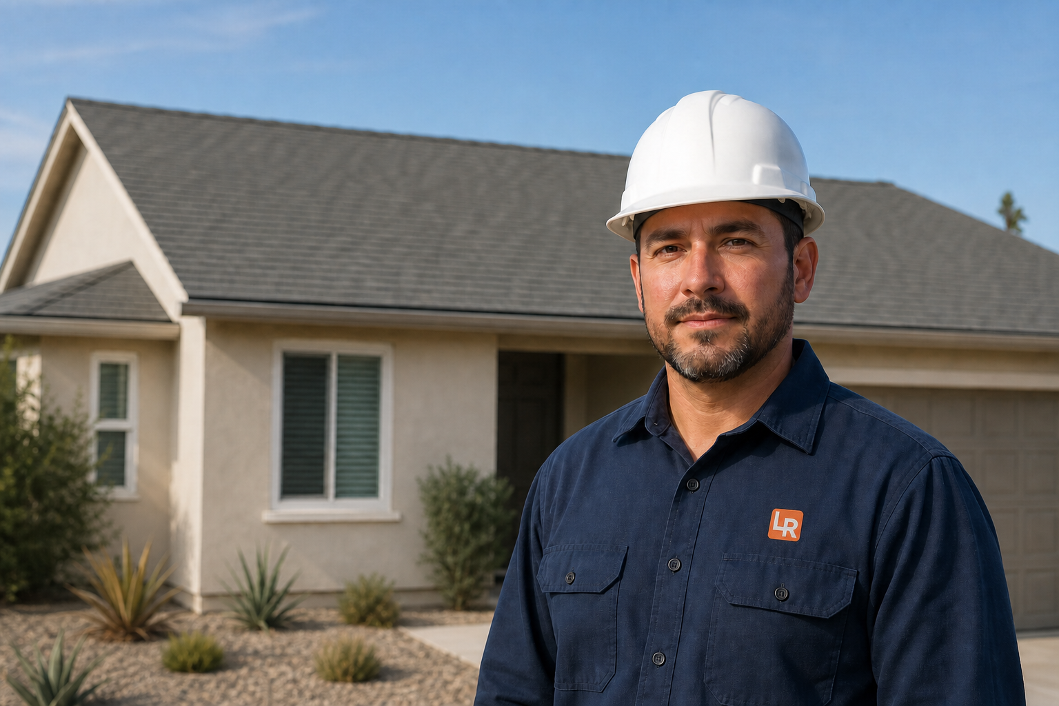 Local roofing professional outside a completed San Diego County home