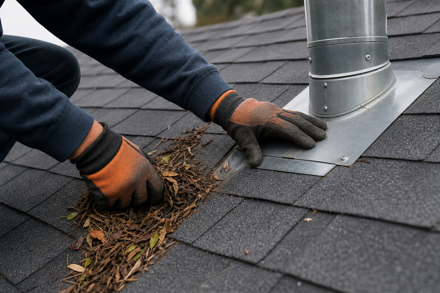 Technician clearing roof debris and checking vent flashing
