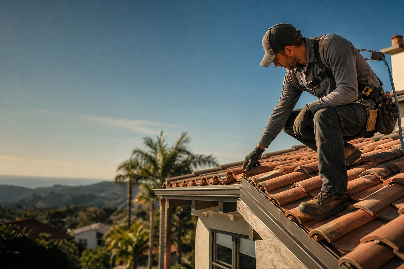 Roofing professional performing tile roof maintenance on a San Diego County home