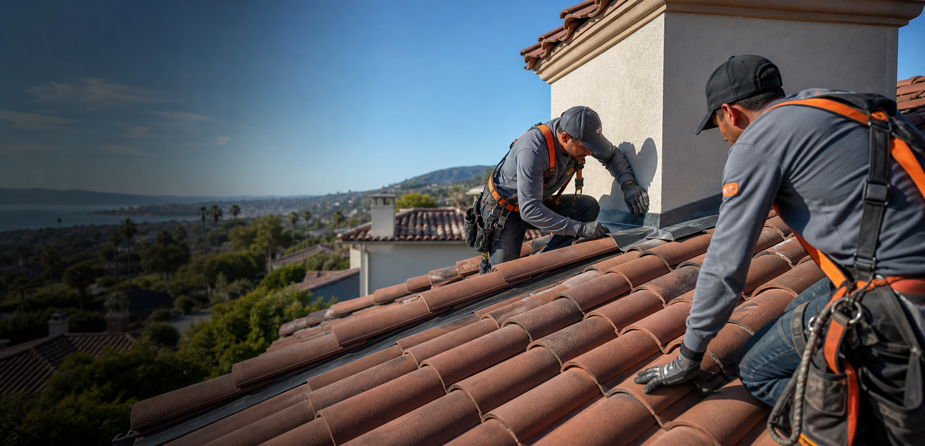 San Diego roofing company crew working safely on a tile roof
