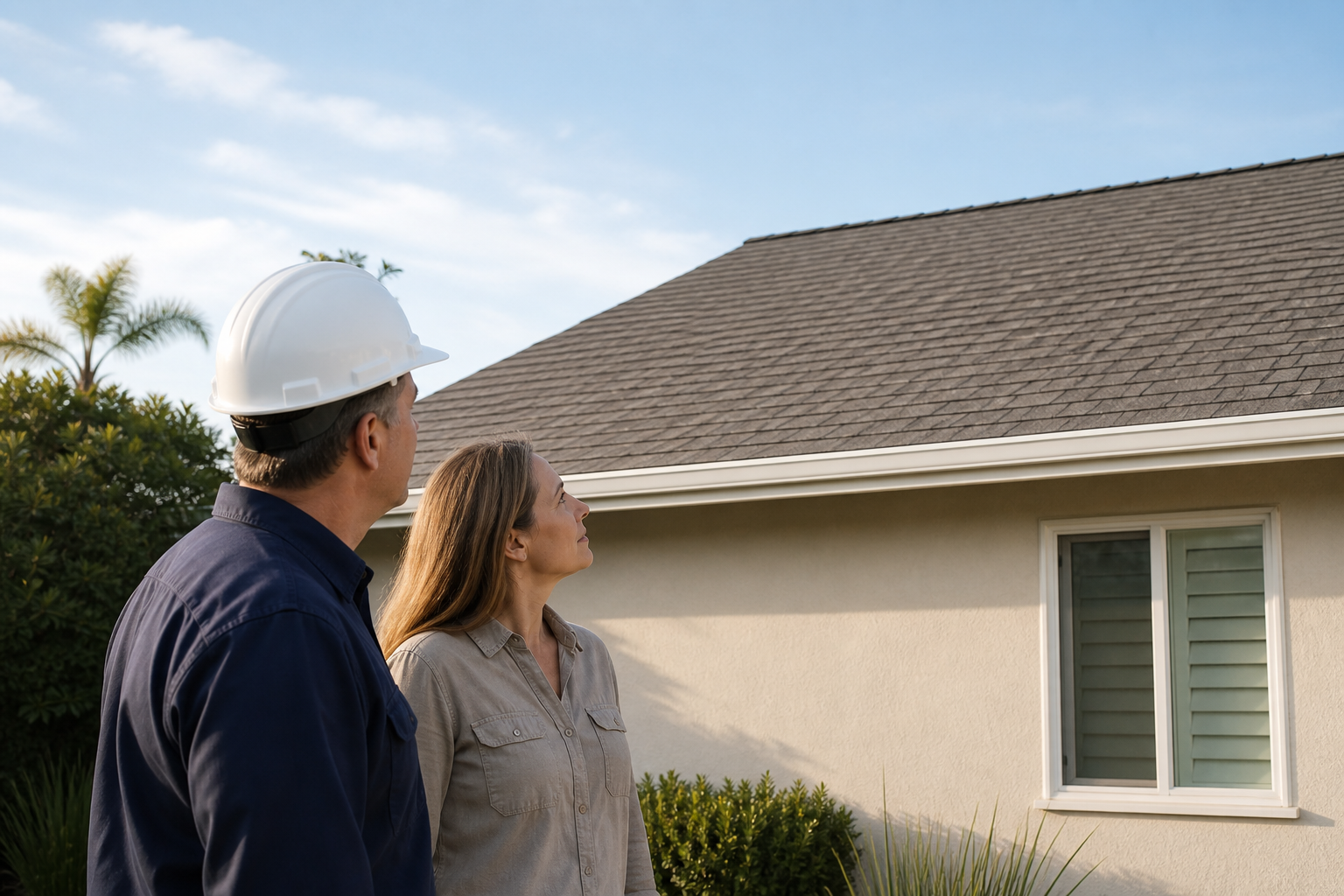 San Diego roofing contractor reviewing a residential roof with a homeowner