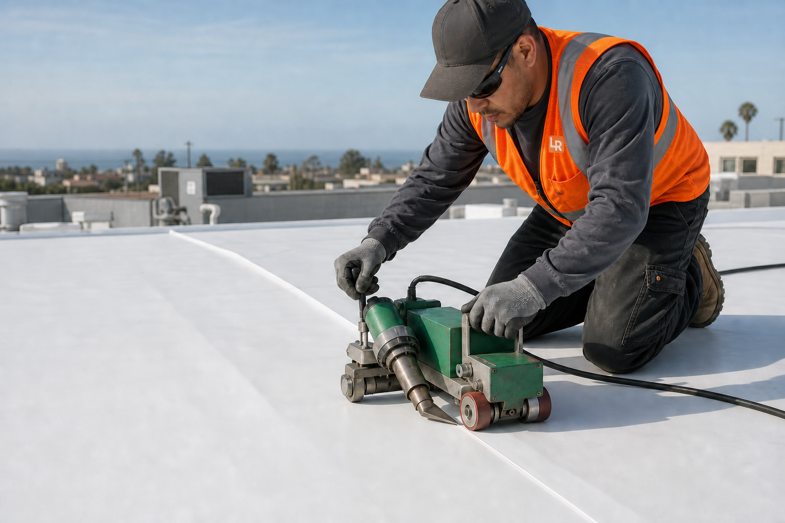 Roofing technician heat-welding a TPO membrane seam in San Diego