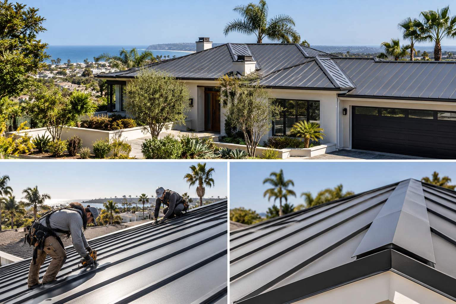 Standing seam metal roof on a coastal San Diego home with an ocean view