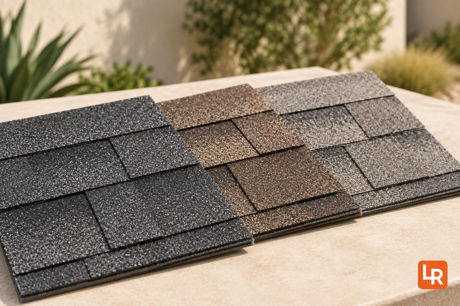 Illustrated architectural asphalt shingle samples in charcoal, brown, and gray with LR branding
