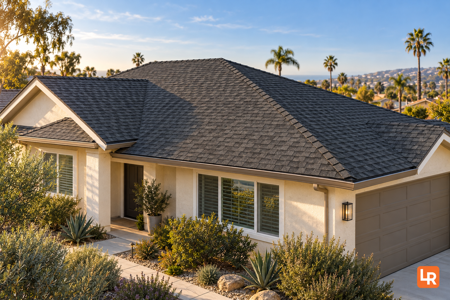 Architectural illustration of a charcoal asphalt shingle roof on a California ranch home, with LR branding