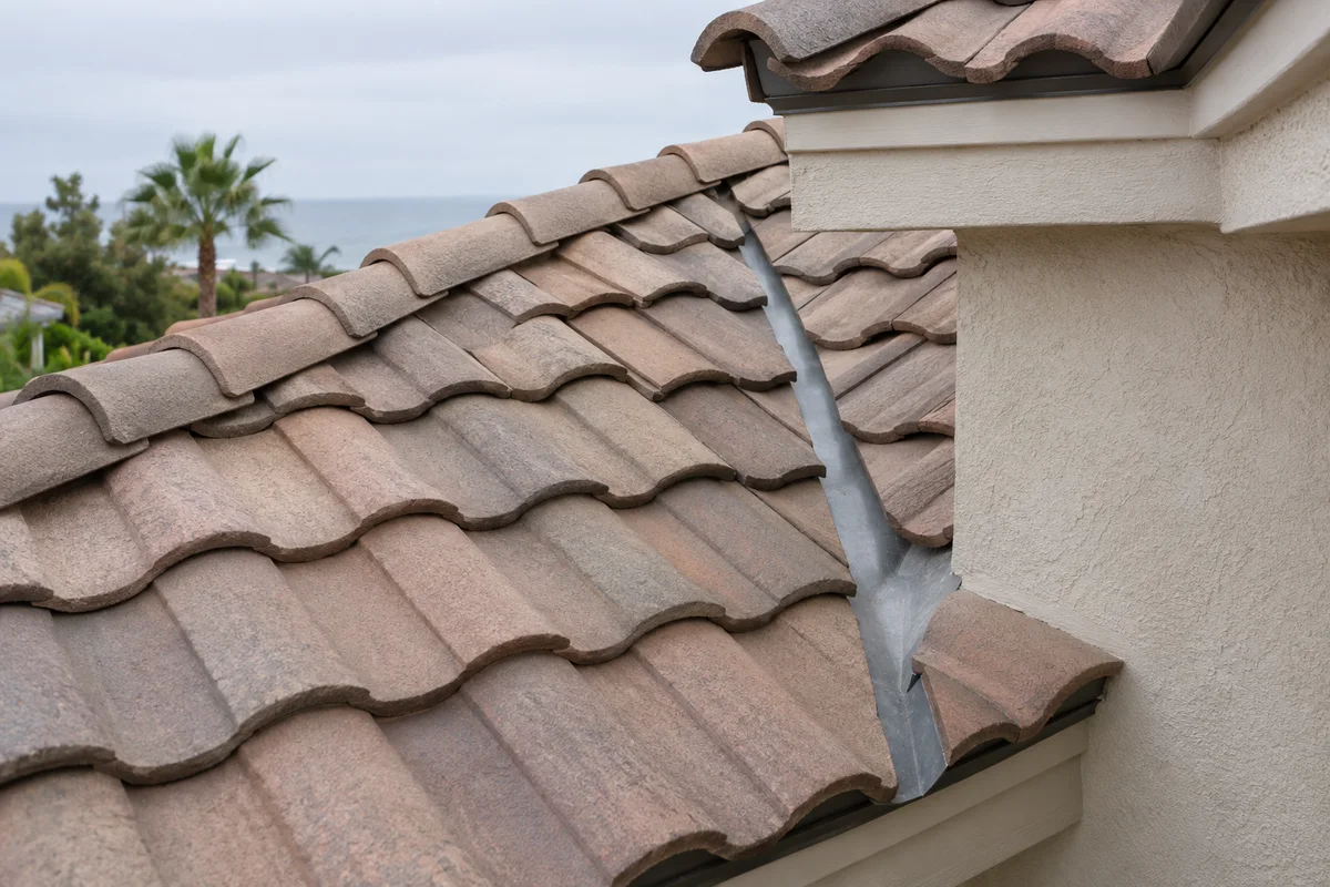 Close view of warm concrete roof tiles, a valley, and wall flashing