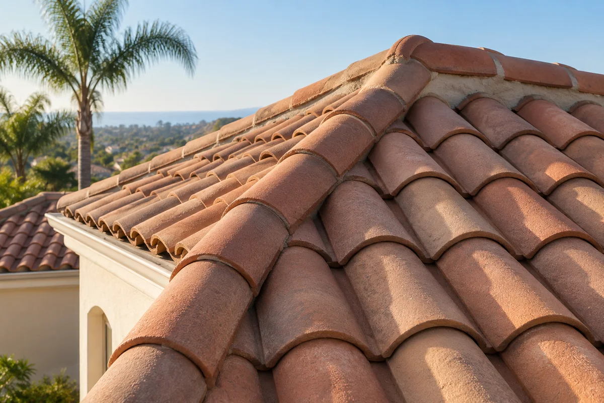 Close-up of overlapping terracotta roof tiles and ridge tiles