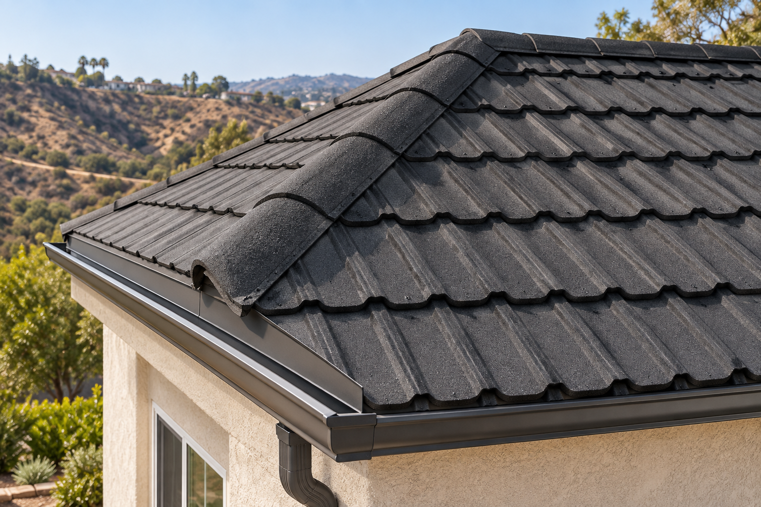Dark stone-coated metal tile roof with ridge caps, eave closures and clean gutters on a San Diego home