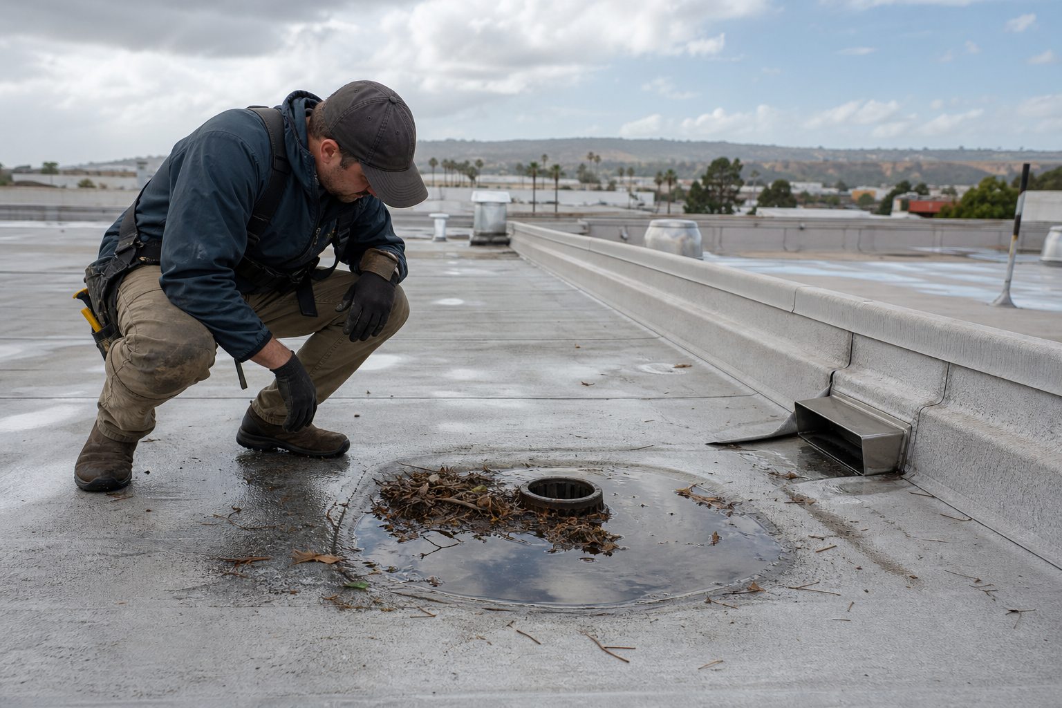 Roofing technician inspecting a debris-blocked commercial roof drain after rain