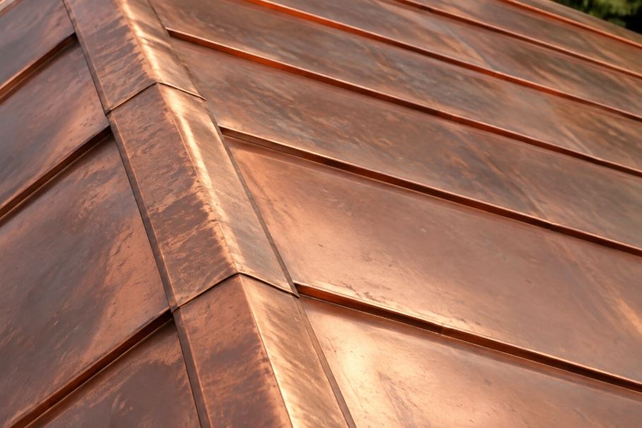 Close-up of a copper standing seam roof