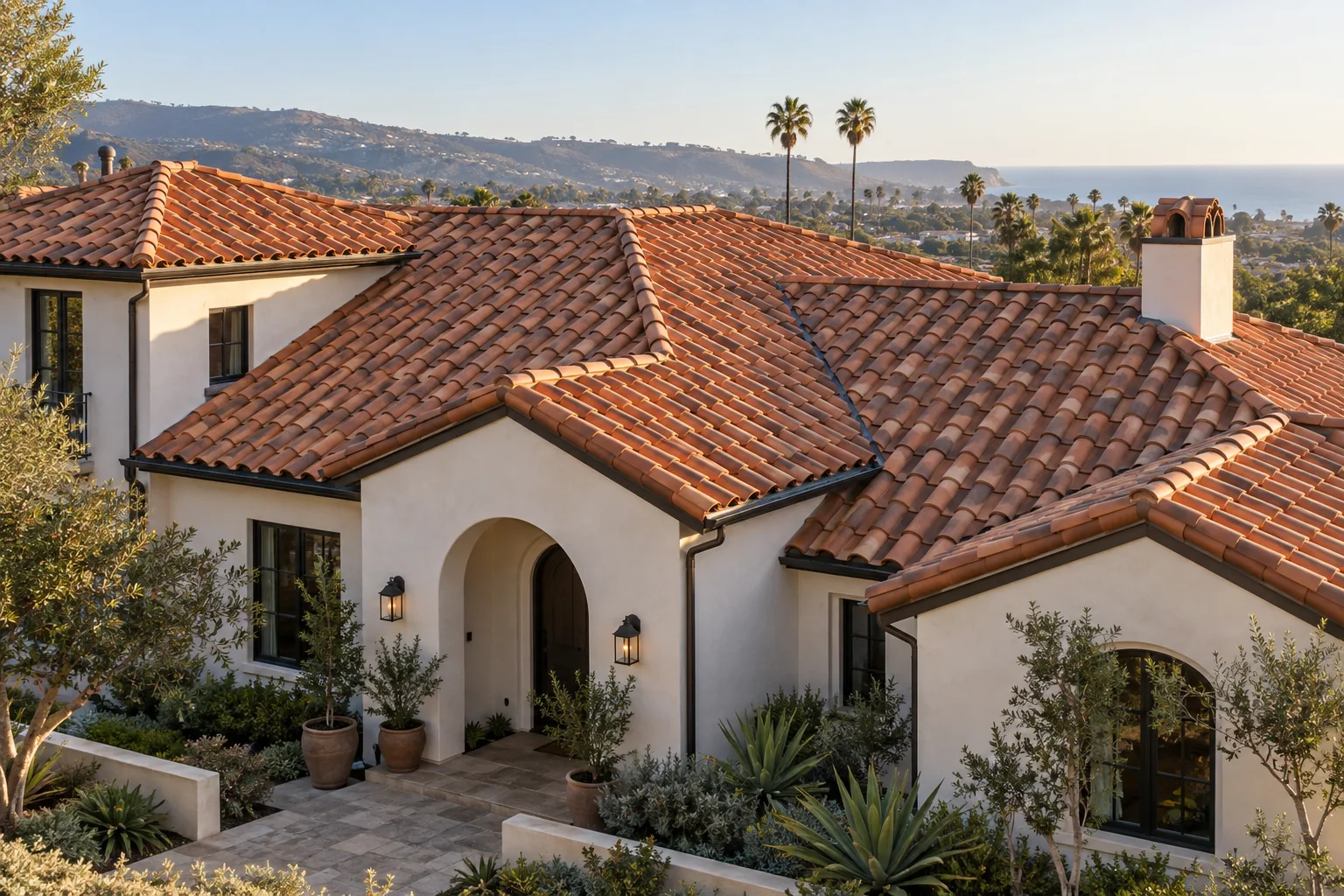 Terracotta clay tile roof on a Spanish-style home in San Diego County