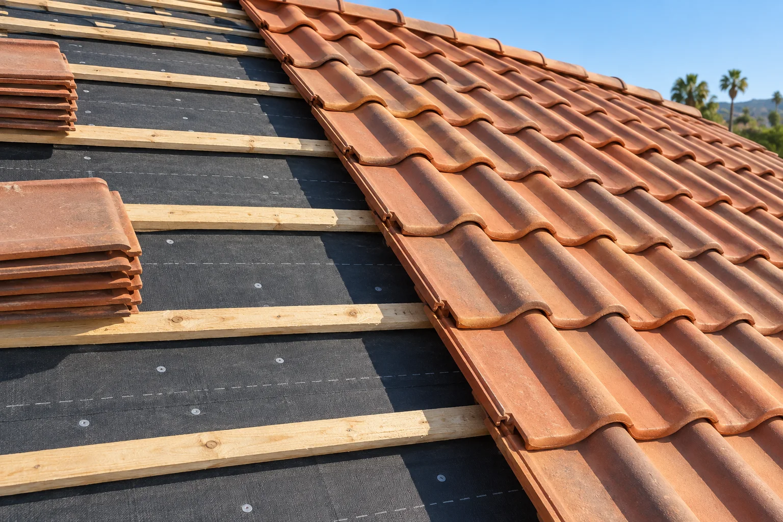 Clay roof tile installation over dark underlayment and horizontal wood battens