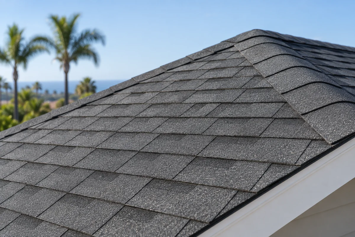 Close-up of charcoal asphalt shingles, roof ridge, and white fascia