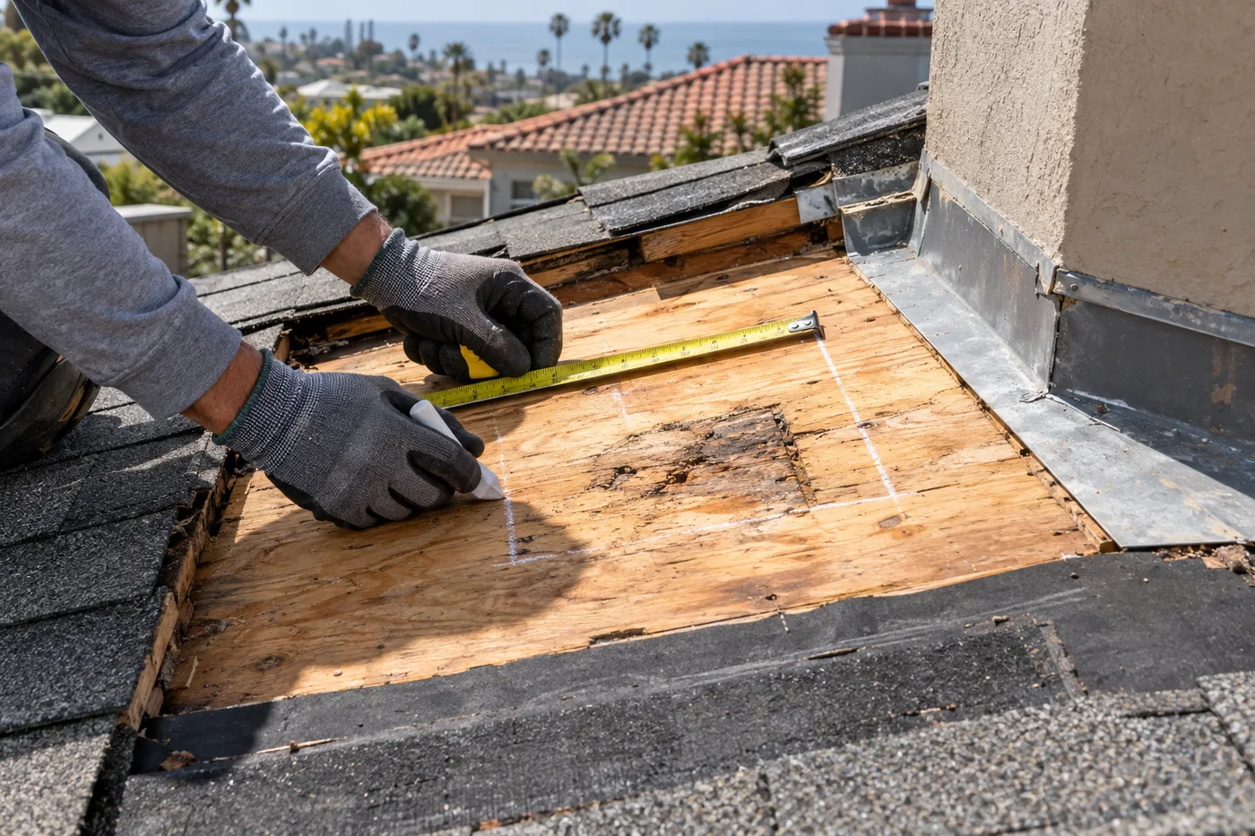 Roofer measuring a damaged section of plywood roof sheathing during a San Diego reroof