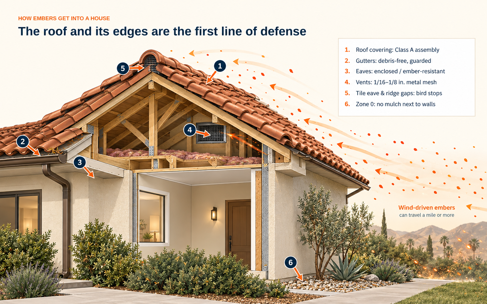 Diagram of a house showing six ember entry points: roof covering, gutters, eaves, attic vents, tile eave and ridge gaps, and mulch next to walls