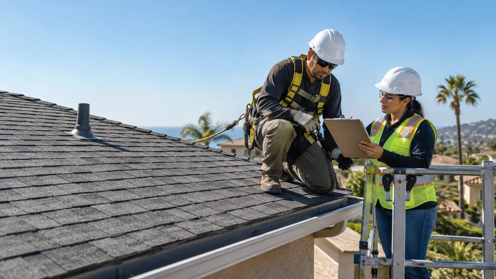Roofing professional and inspector reviewing a San Diego residential roof