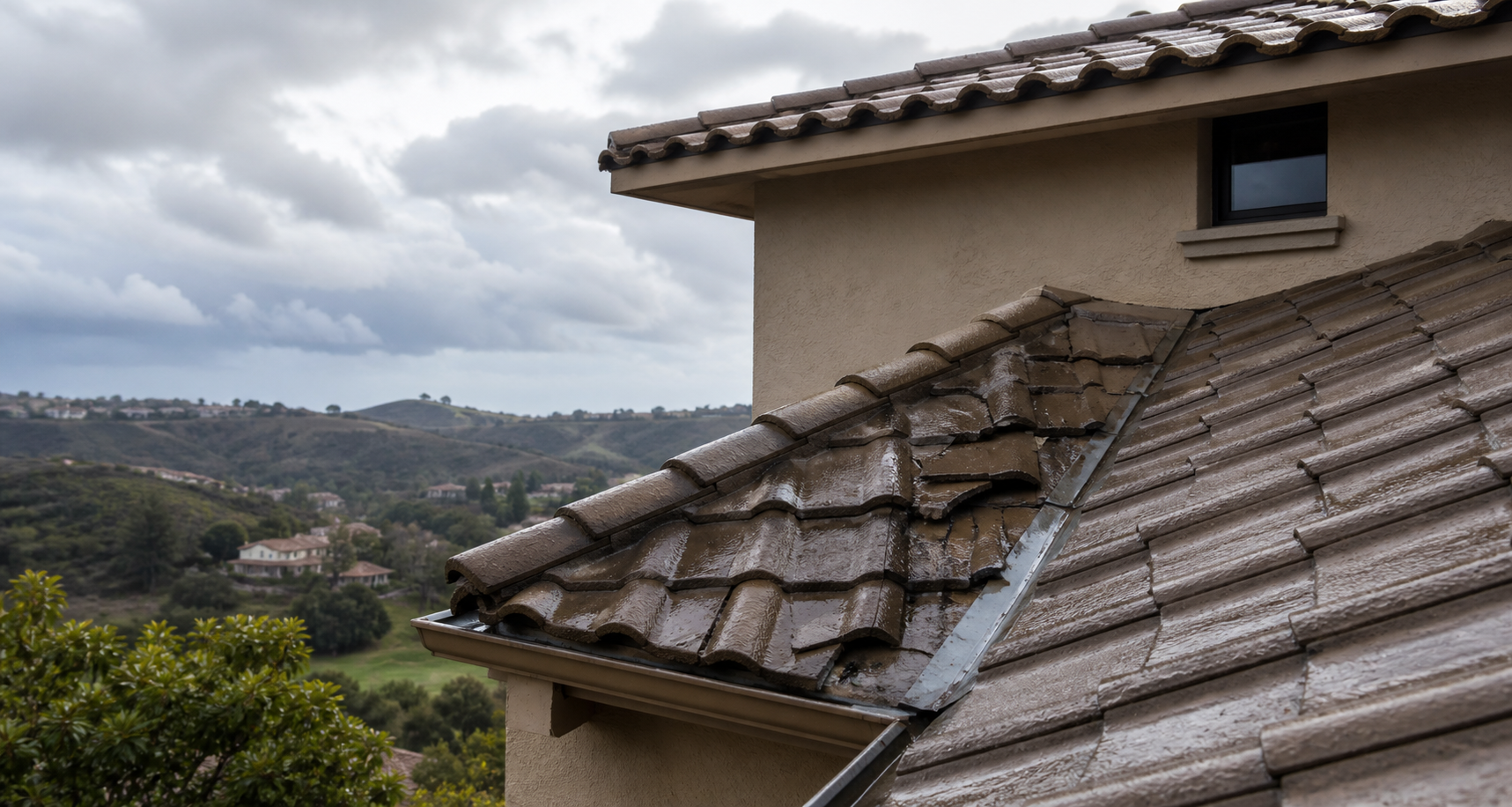 Storm-damaged concrete roof tiles on a San Diego County home after rain