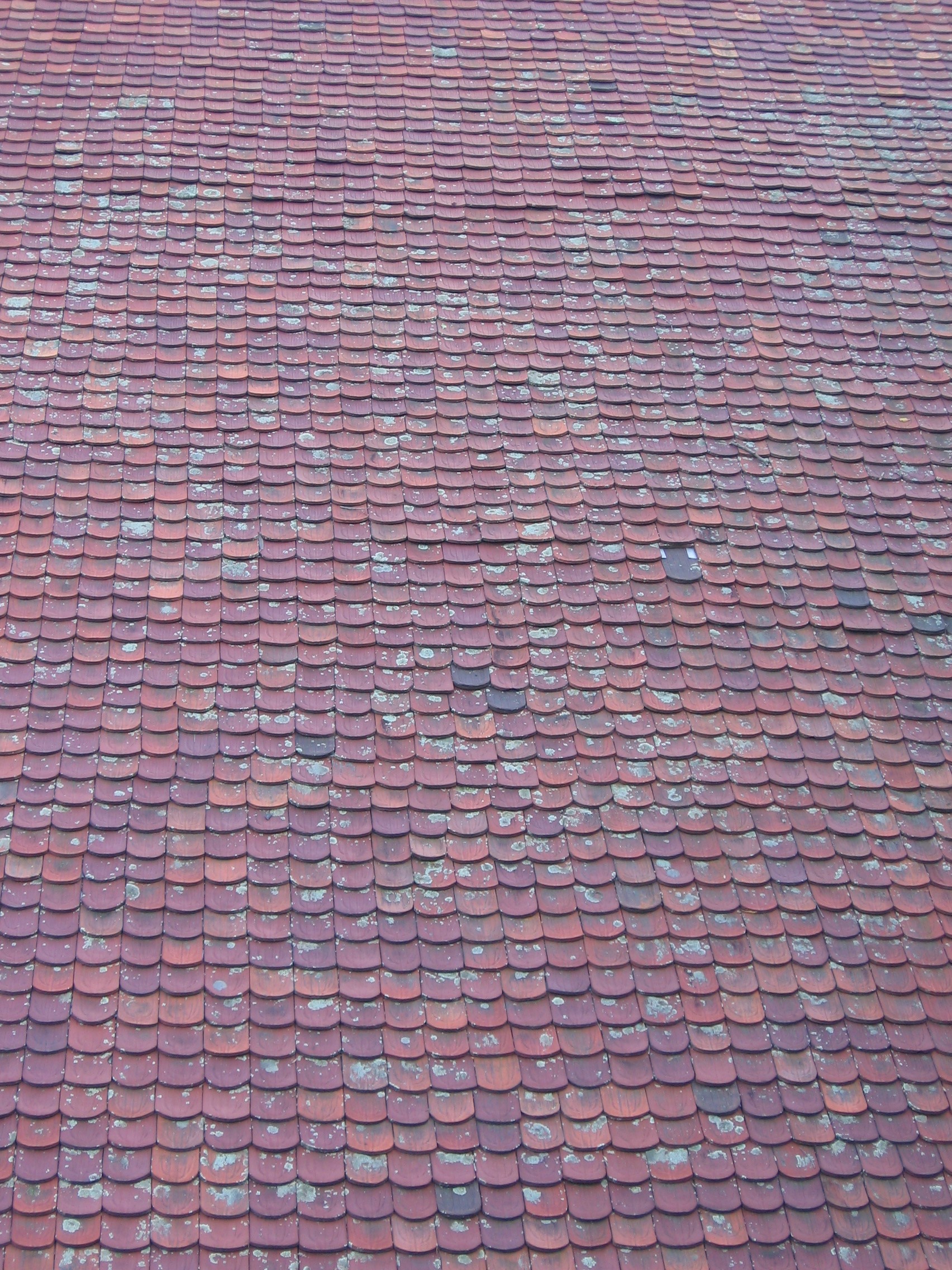 Close view of overlapping weathered roof tiles; the underlayment is concealed
