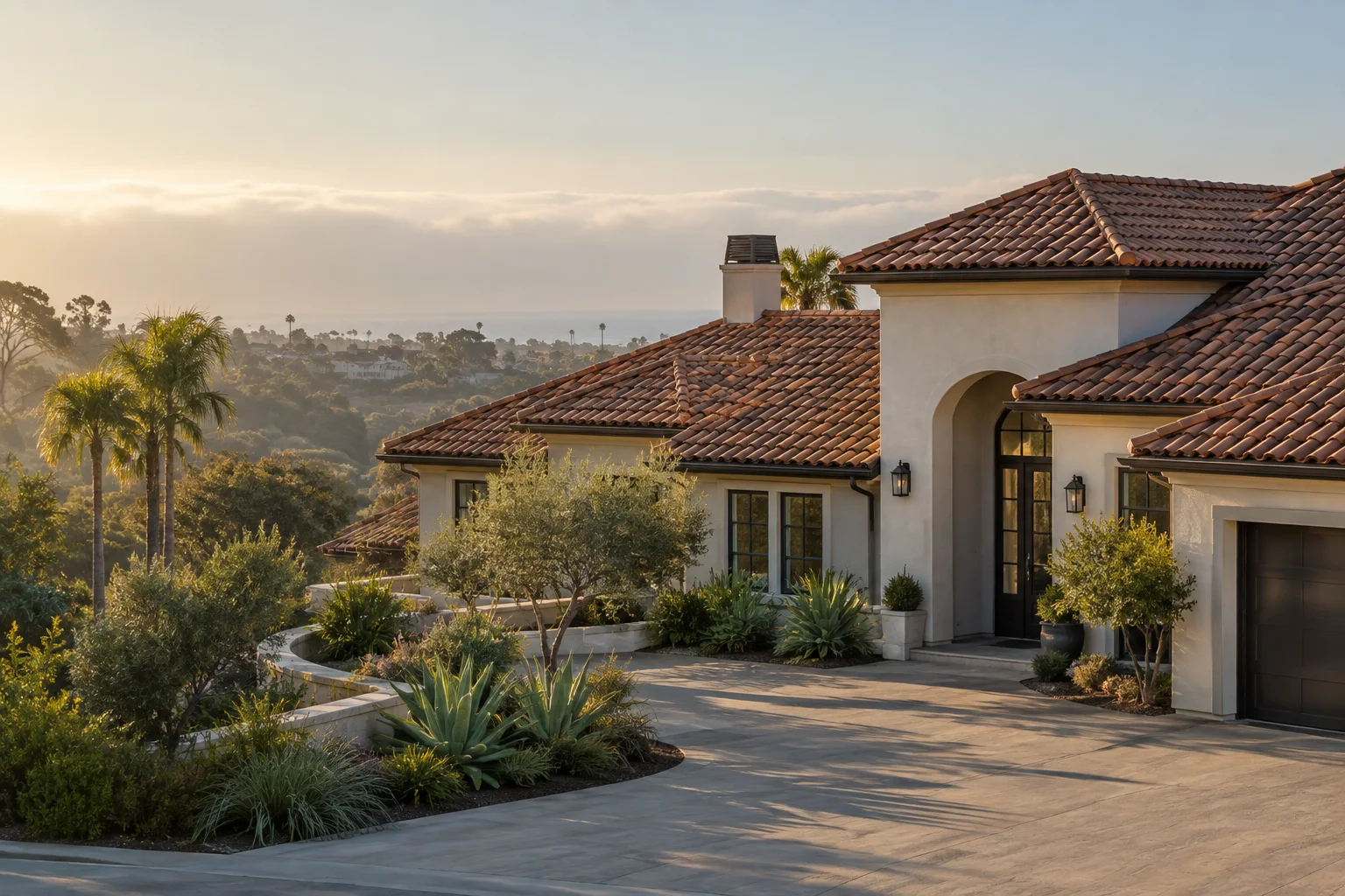 Representative Carlsbad home with a warm tile roof and coastal landscaping