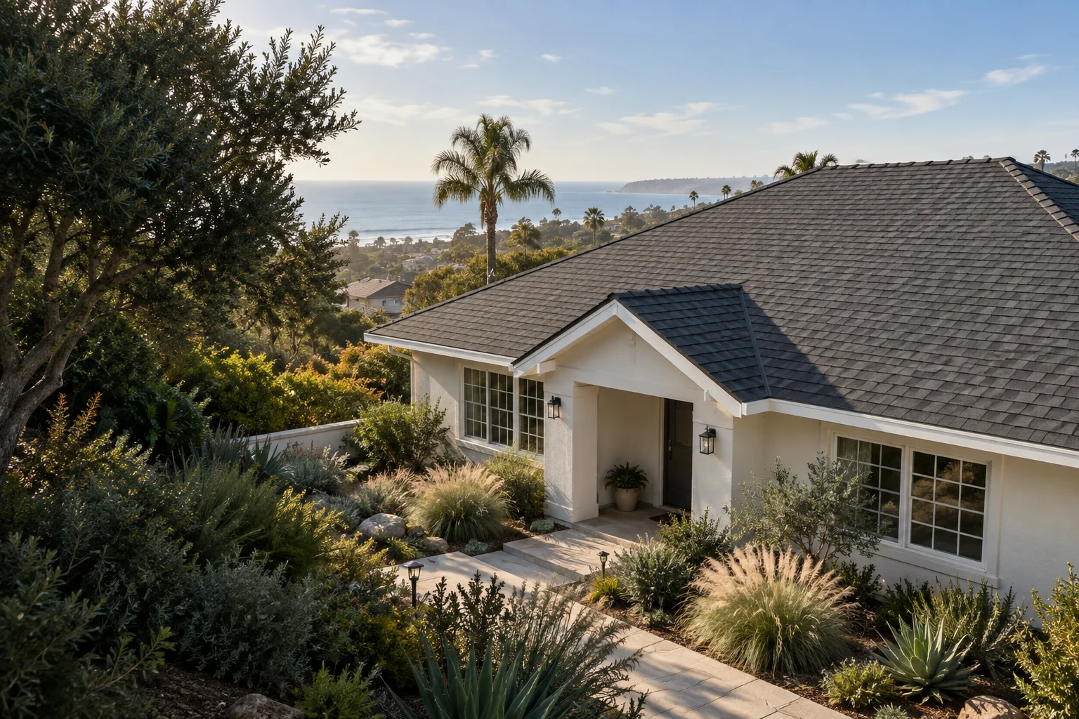 Representative coastal-style home with a charcoal shingle roof and drought-tolerant landscaping