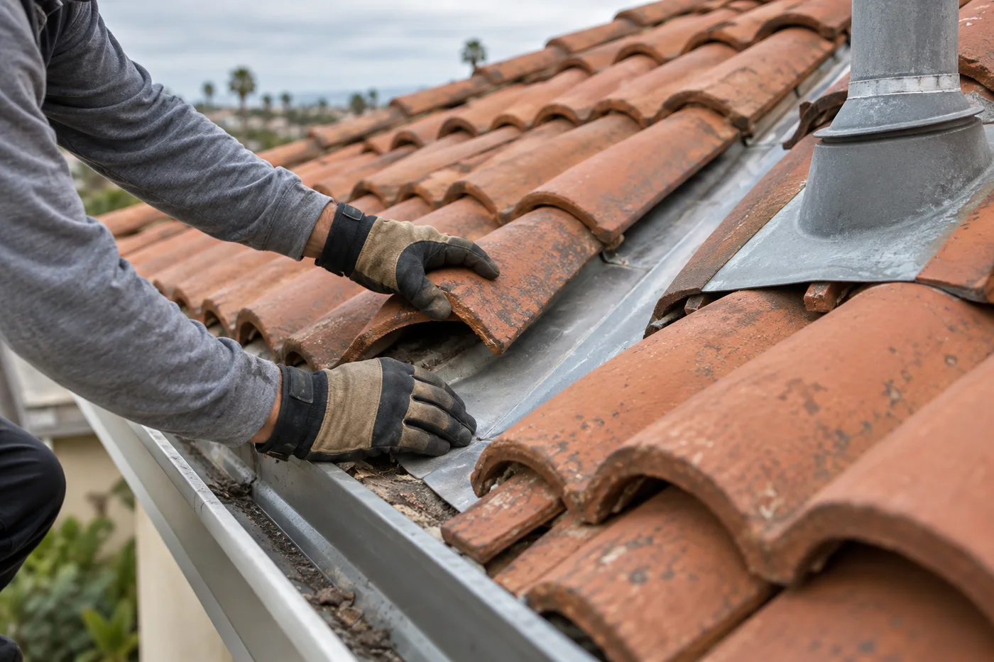 Gloved roofing professional checking clay tiles and metal valley flashing before rainy season