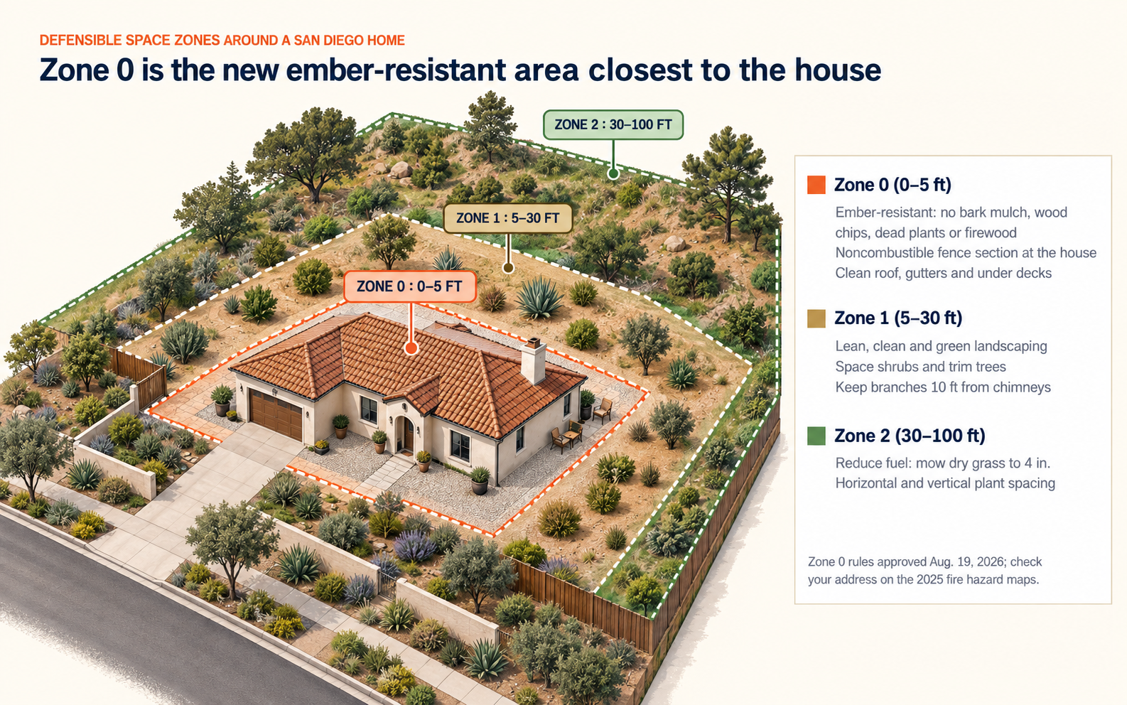 Diagram of defensible space zones around a San Diego home: Zone 0 from 0 to 5 feet, Zone 1 from 5 to 30 feet and Zone 2 from 30 to 100 feet