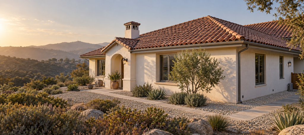 Fire-resistant clay tile roof on a San Diego canyon home with a five-foot gravel Zone 0 perimeter