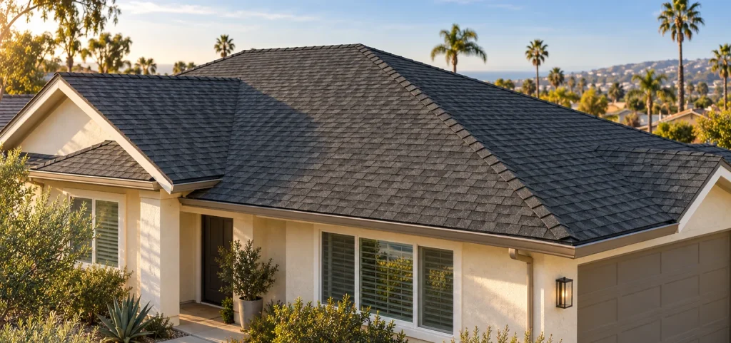 Architectural asphalt shingle roof on a San Diego home with palm trees and the ocean in the background