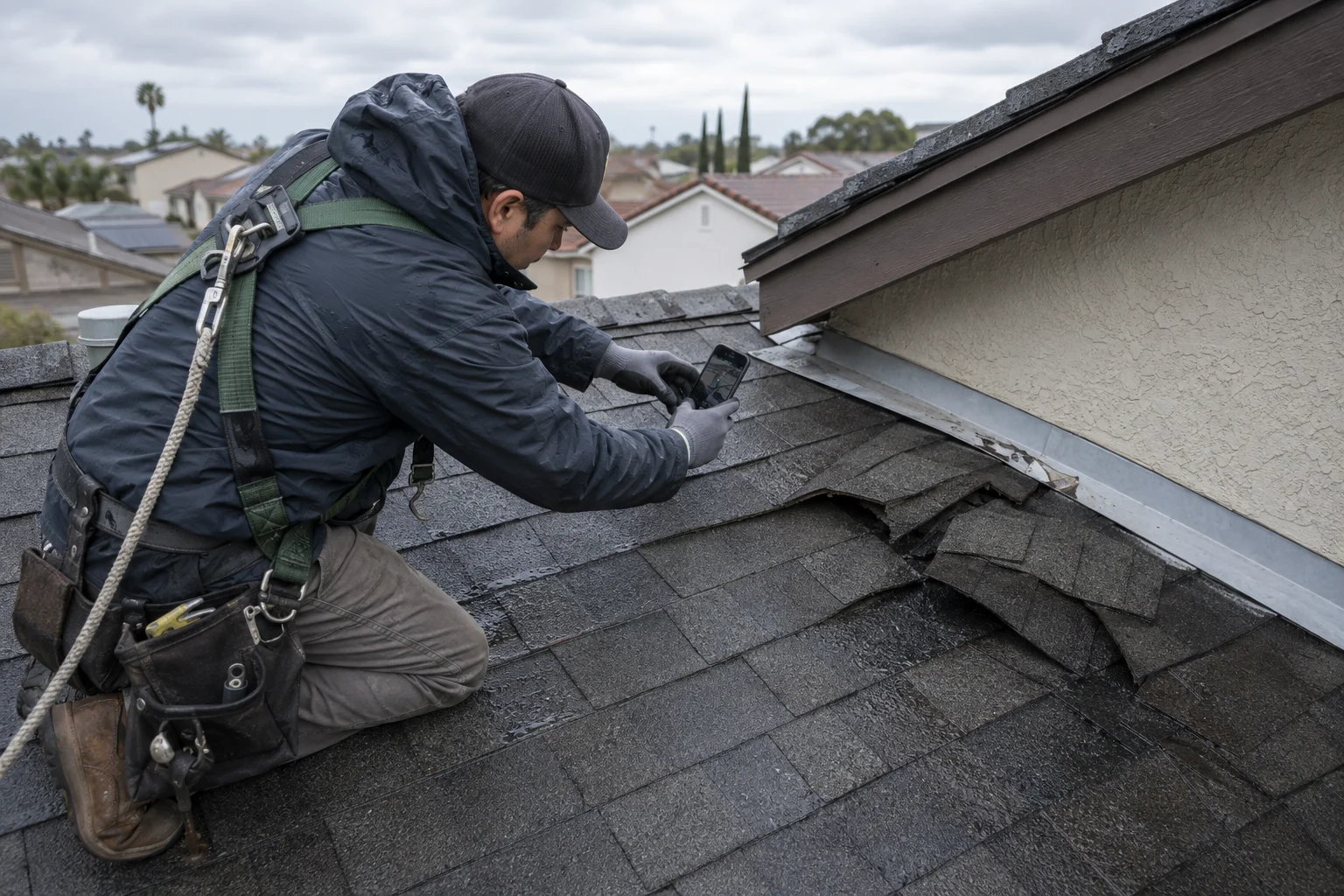 Roofer in a safety harness photographing damaged asphalt shingles near a wall flashing during a San Diego roof inspection