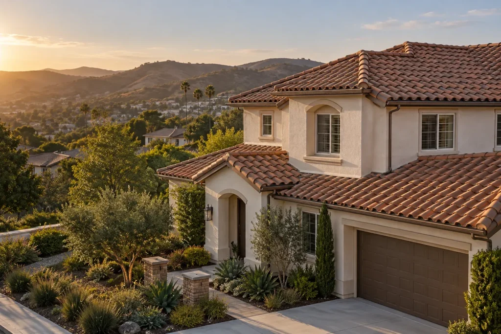 Two-story San Diego County home with a new clay tile roof overlooking the hills at sunset
