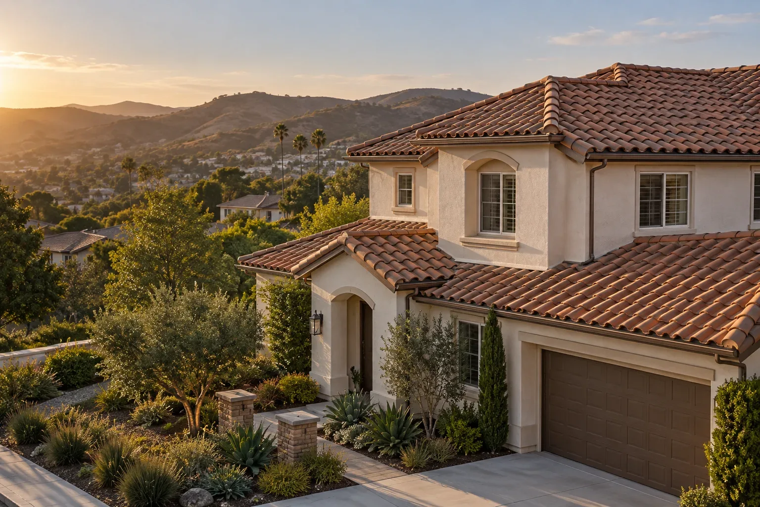 Two-story San Diego County home with a new clay tile roof overlooking the hills at sunset