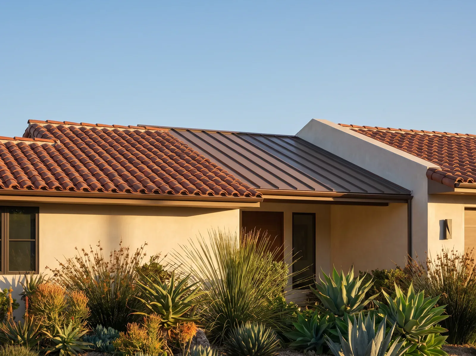 San Diego home with a red clay tile roof next to a standing seam metal roof section