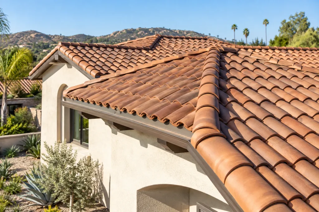 Red clay tile roof on a stucco home in San Diego County with hips, ridges and hills behind it